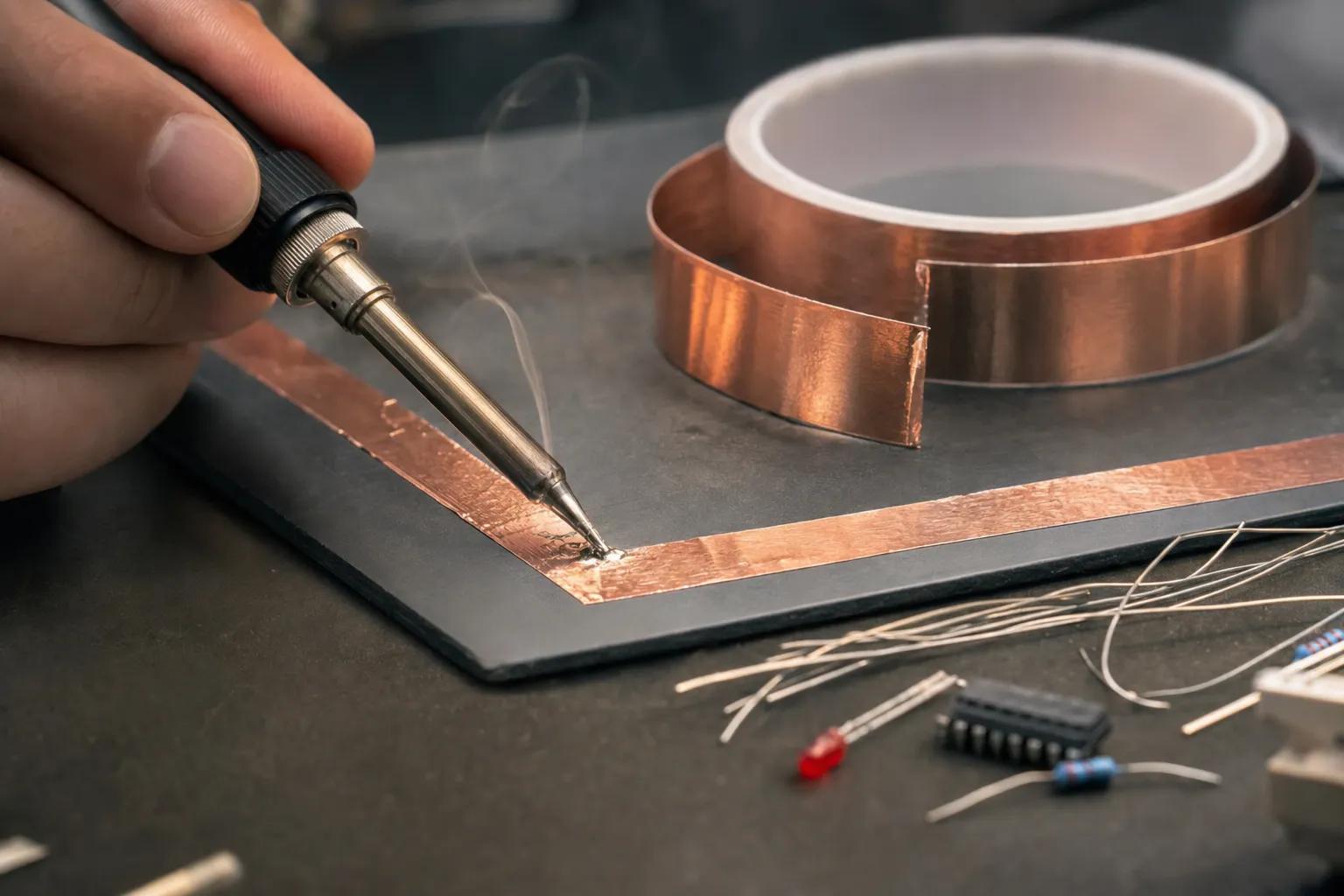 Copper tape used as a conductive track being soldered on an electronics workbench