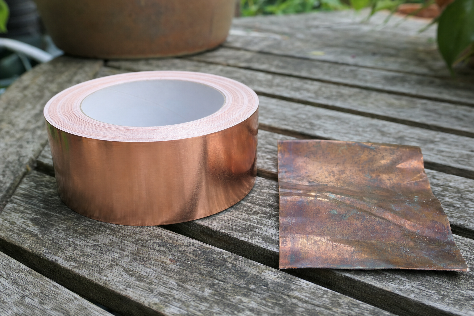 A new bright roll of copper tape beside a piece that has tarnished to a dull brown patina after a season outdoors