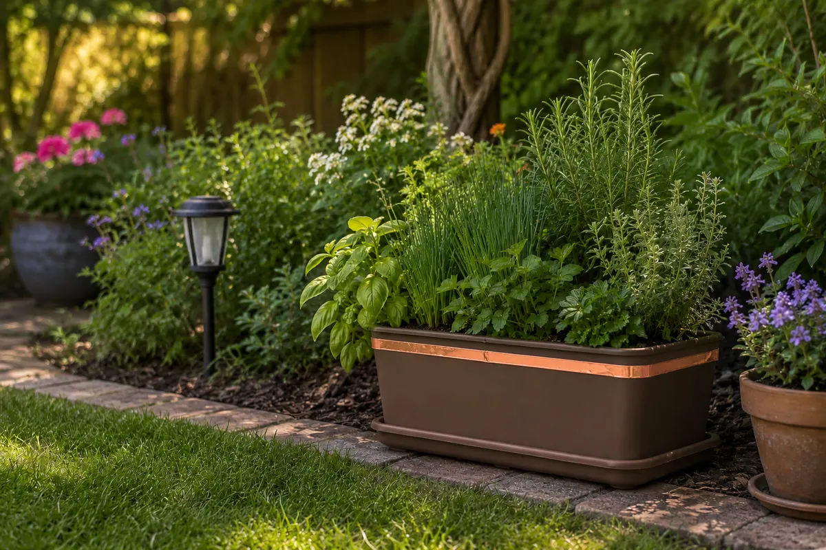 Copper tape applied to a tray-style plant pot in a garden to deter slugs and snails