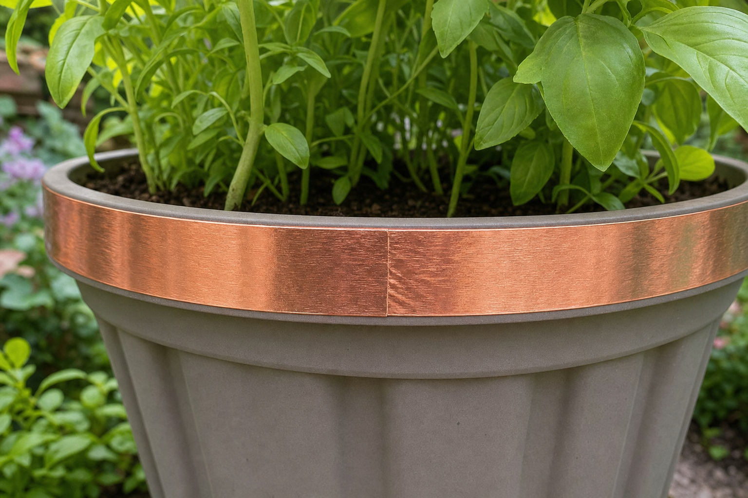 A completed unbroken band of copper tape around a pot rim with the ends overlapping to seal the ring, basil growing above