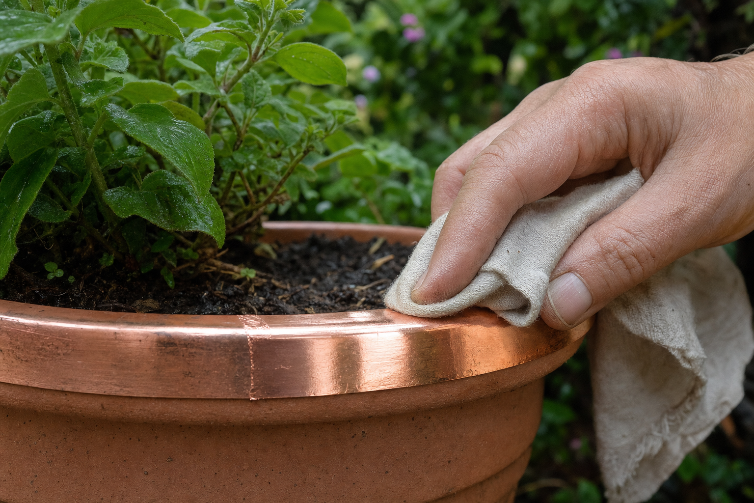 A hand wiping a band of copper tape on a pot rim with a soft cloth to restore the bright copper shine
